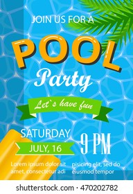 Pool Party Poster, Flyer Or Banner Template With Water Surface, Palm Leaves And Yellow Mattress.