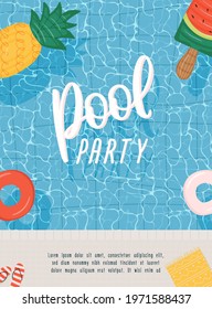 Pool party poster or flyer with swimming pool and swim ring. Vector illustration for banner, web site, greeting card or brochure. 