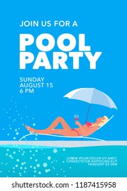Pool party poster with girl under umbrella and swimming pool vector illustration. Template design element, background for summer event invitation card 