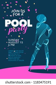 Pool party poster with girl vector illustration. Template design element for invitation to summer event 