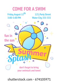 Pool party poster with inflatable ball and splash in swim pool water. Vector illustration