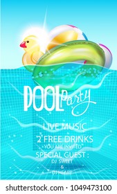 Pool party poster with inflatable balls and rubber toy in swiming pool water.  Vector illustration