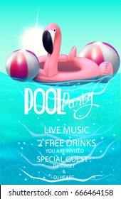 Pool party poster with inflatable balls and flamingo in swim pool water.  Vector illustration