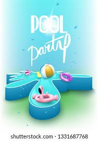 Pool party poster with inflatable rubber toy in swim pool water and woter drops. Vector illustration.jpg