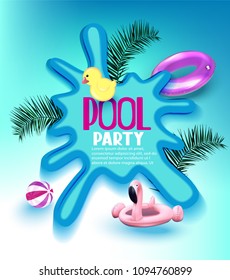 Pool party poster with inflatable toys, palm tree branches and puddle. Vector illustration