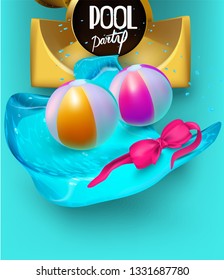 Pool party poster with inflatable toys, water slide  and water splash.  Vector illustration