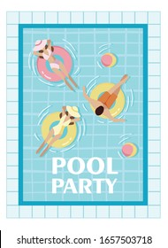 a pool party, a poster for a pool party with an inscription, people swim in the pool