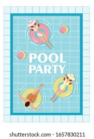 a pool party, a poster for a pool party with an inscription, people swim in the pool