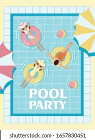 a pool party, a poster for a pool party with an inscription, people swim in the pool