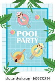 pool party, a poster for a pool party with an inscription, people swim in the pool