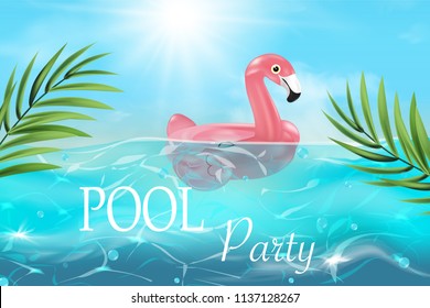 Pool party poster with rubber toys in swim pool water.  Top view of swimming pool with pool floats. 