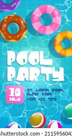 Pool party poster, summer background with colorful inflatable rings and balls float in swimming pool top view. Cartoon invitation flyer, card for summertime vacation entertainment, Vector illustration