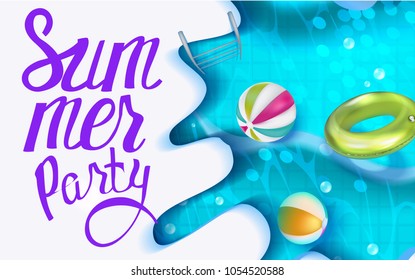 Pool party poster with swimming pool and inflatable toys. Vector illustration