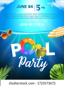 Pool party poster template. Background with pool surface, palm leaves, beach umbrella and rubber ball. Realistic inflatable rainbow and orange rings. Vector illustration of invitation to nightclub.