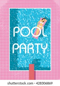 Pool party poster template with sexy woman in bikini sunbathing. 80s retro vintage style vector illustration. Eps10 vector illustration.