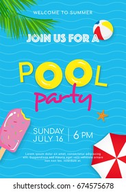 Pool Party Poster Vector Illustration, Pool Toys, Yellow Rubber Ring, Sun Umbrella And Ball Floating On Water.