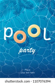 Pool party poster with water ripple, tropical leaves and text, card