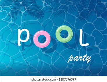 Pool party poster with water ripple, tropical leaves and text, card, background