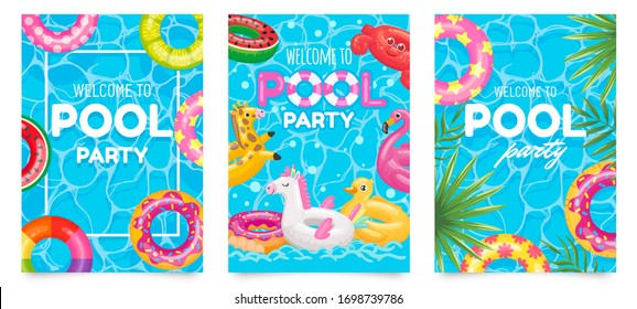 Pool party poster. Welcome to pool party flyer with swimming pool, floating rings and tropical leaves vector set. Pool summer party, poster or banner illustration