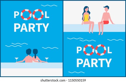 Pool party posters with text set. Romantic couples with alcohol drinking by basin enjoying time spent together. People wearing swimming suits vector