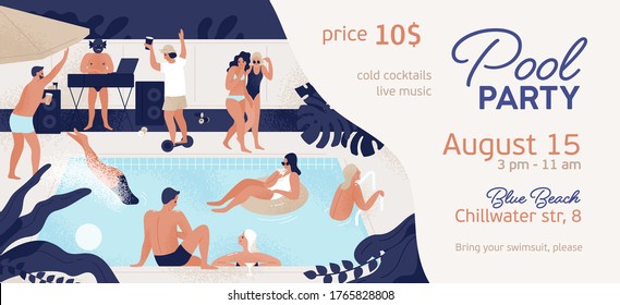 Pool party promo banner with place for text vector flat illustration. Announcement of summer entertainment event. People in swimsuits relaxing, dancing, swimming, drinking cocktails enjoy recreation