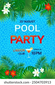 Pool party promo vector background. Summer event vertical design. Tropical poster with rainforest flowers, leaves, swimming pool, cocktail. Summer time advertising card. Night club promotion.