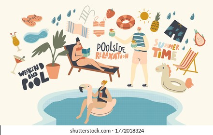 Relájese, juegue y beba en la piscina.Los jóvenes personajes de la piscina tienen cócteles divertidos, libros de lectura y anillo inflable flotante. Ilustración de vectores de personas lineales