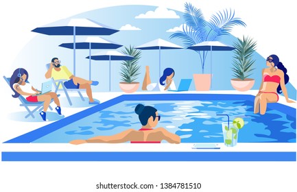 Pool Party Rest Summertime Vacation Invitation Flat Banner Vector Cartoon People Having Fun Informal Conversation Relax Sunbathing Using Laptop for Watch Videos Listening to Music Illustration