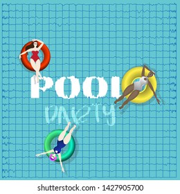 Pool party, rubber ring floating on water with young persons. Relaxing in  summer resort, water activities in hotel, swim and enjoy colorful flat trendy vector illustration vacation poster 