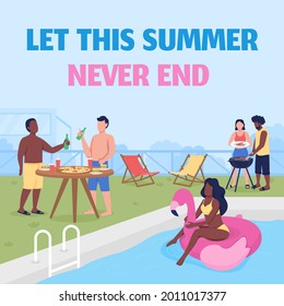 Pool party social media post mockup. Let this summer never end phrase. Web banner design template. BBQ with friends booster, content layout with inscription. Poster, print ads and flat illustration