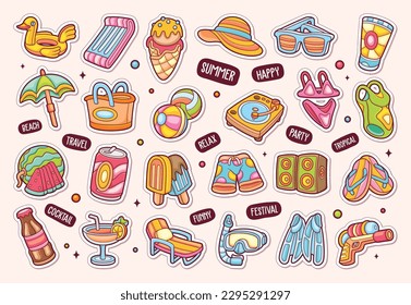 Pool Party Sticker Icons Hand Drawn Coloring Vector