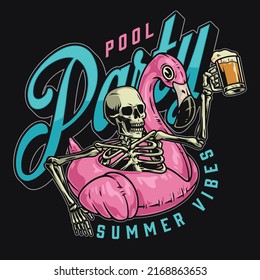 Pool party sticker vintage colorful a skeleton with beer and inflatable pink flamingo ring rests during summer holidays vector illustration