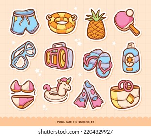 Pool Party Stickers Doodle Color Vector Collection 