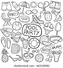 Pool Party Summer Doodle Icons Hand Made Vector Illustration Sketch.