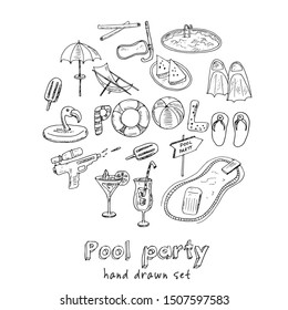 Pool Party Summer hand drawn doodle set. Vector illustration. Isolated elements on white background. Symbol collection.