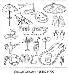 Pool Party Summer hand drawn doodle set. Vector illustration. Isolated elements on white background. Symbol collection.
