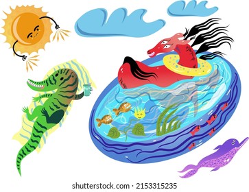 
Pool party. Summer time. Bathing a red horse. Funny animals. 
Funny horse, crocodile, dolphin and sun