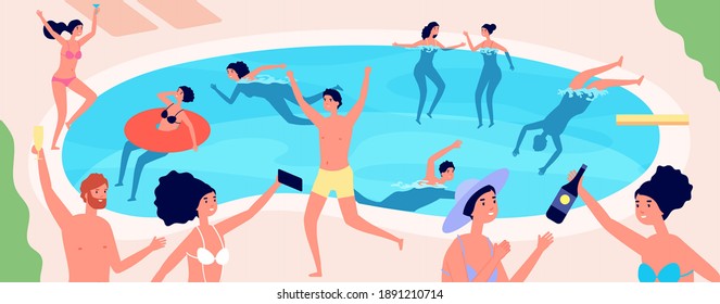 Pool party. Summer vacation, cartoon friends have fun meeting. Boy girl drinking, dancing swimming together, water club utter vector concept