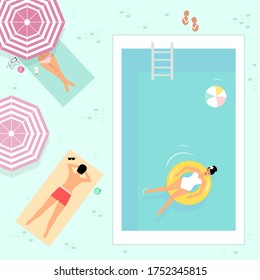 Pool-Party, Sommer, Vektorgrafik, Menschen sonnen und entspannen