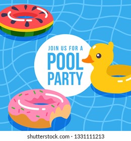 Pool party summertime poster, flyer, banner, invintation. Vector illustration with swimming pool background and inflatable swimming pool rings, tubes, floats in shape of duck, donut, watermelon.