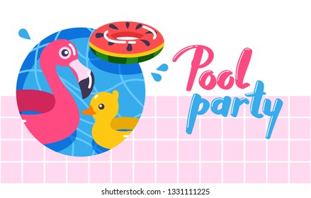 Pool party summertime poster, flyer, banner, invintation. Vector illustration with swimming pool background and inflatable swimming pool rings, tubes, floats in shape of flamingo, duck,  watermelon.