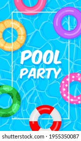 Pool party template banner. Swimming pool summer background with colorful lifebuoys. Float rings. Vector illustration in trendy flat style.