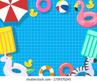 Pool party template with pool floats on swimming pool background - Vector illustration 