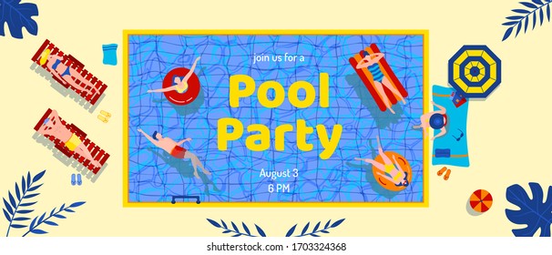 Pool party, top view. Group of people swim in water, sunbathing near pool. Humans lying on sun loungers and tanning. Summertime leisure, tropical resort. Banner with place for text. Vector illustration