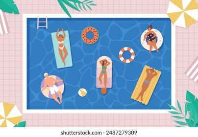 Pool party top view. People swimming on inflatable mattresses and circles. Rubber rings in water, teenagers swim and resting, snugly vector scene