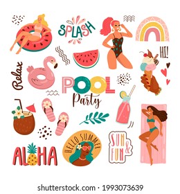 Pool party. Vector collection of young cartoon women in swimsuits in different poses, surrounded by beach accessories, drinks and food, and funny lettering. Isolated on white
