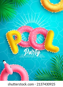 Pool party vector concept design. Summer pool party typography text with floating floaters and letters in water for tropical season relax leisure activity. Vector illustration.
