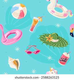 Pool party vector seamless pattern. Vector pattern with flamingo and unicorn swimming rings