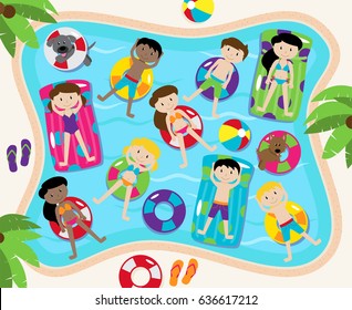 Pool Party Vector Set, Including Pool Background and Children and Dogs Swimming