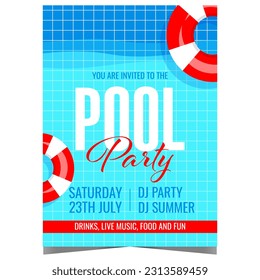 Pool party vector template with inflatable red-white swim rings on pool tile background. Invitation leaflet or flyer, advertising poster or banner for vacation fun and entertainment during the summer.